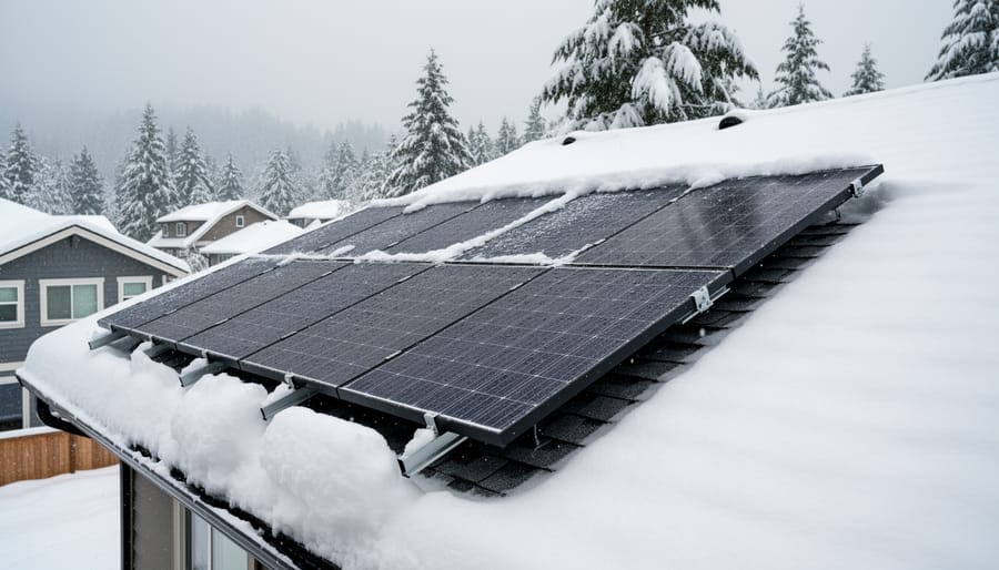 Solar panels on residential roof covered with thick layer of wet snow