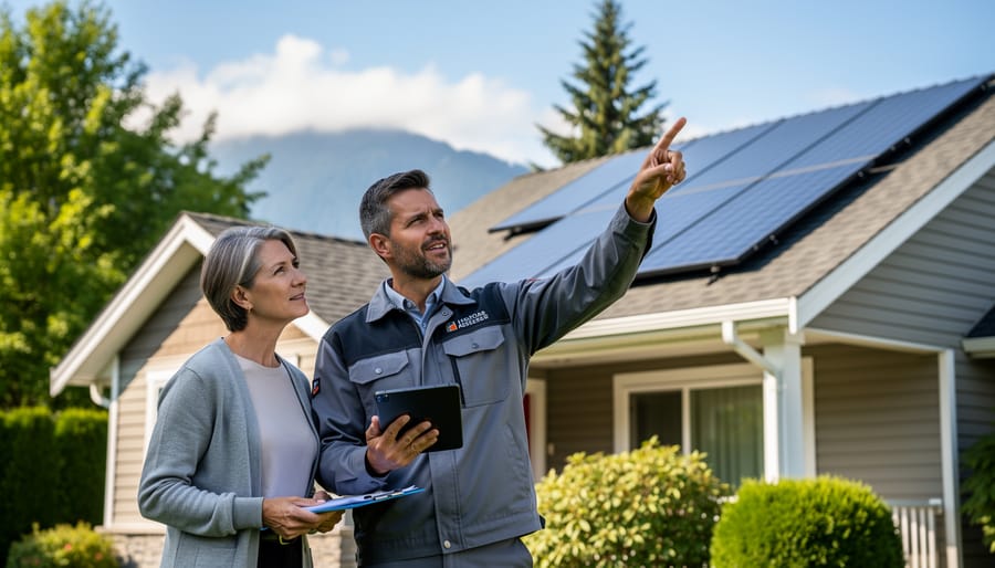 Homeowner consulting with solar professional while reviewing roof assessment