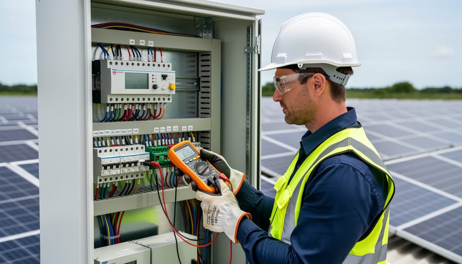 Solar technician using multimeter to test electrical connections at solar inverter