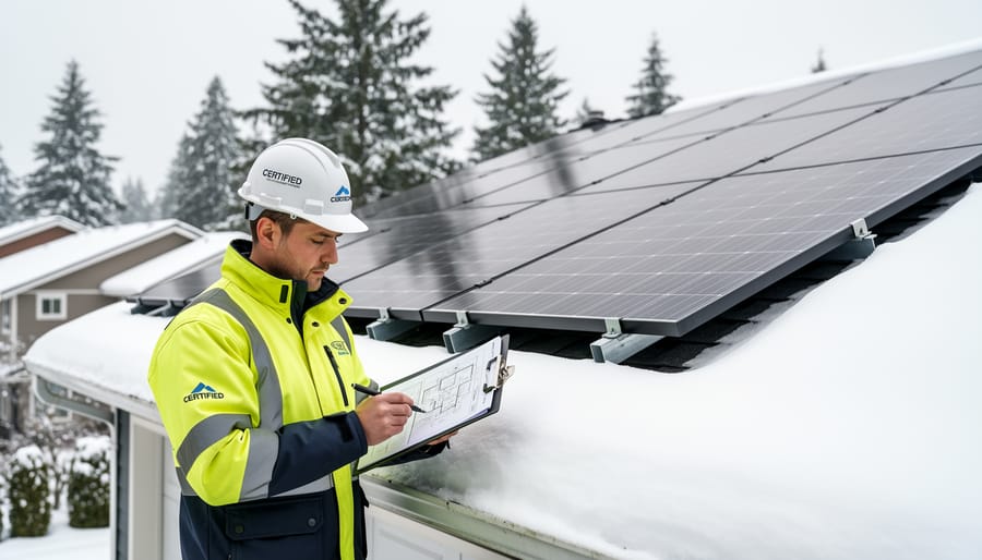 Solar installer conducting professional site assessment on residential rooftop with solar panels