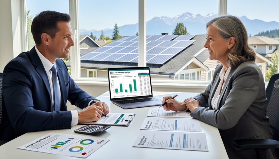 Homeowner reviewing solar financing calculations and energy savings data on smartphone