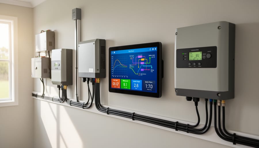 Solar system monitoring device installed alongside battery bank and inverter equipment