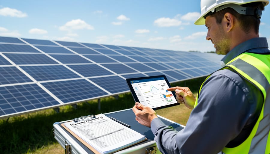 Solar technician using monitoring system to track panel performance for warranty documentation