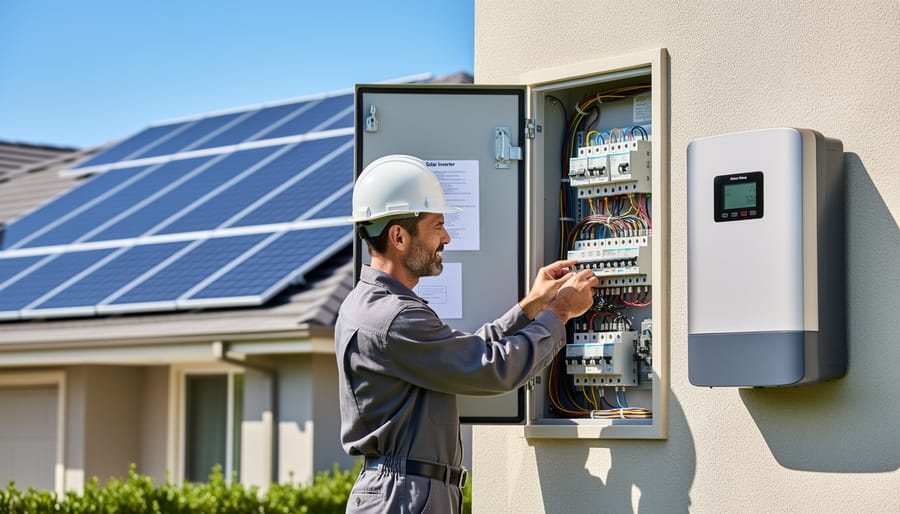 Residential solar panel installation with electrical service entrance visible
