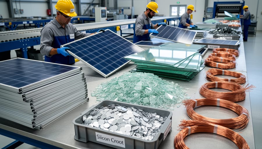 Separated solar panel components showing recyclable materials including aluminum, glass, and copper