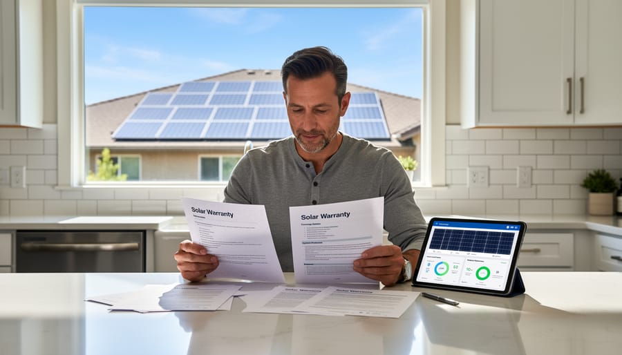 Solar panels on residential roof with warranty documentation in foreground