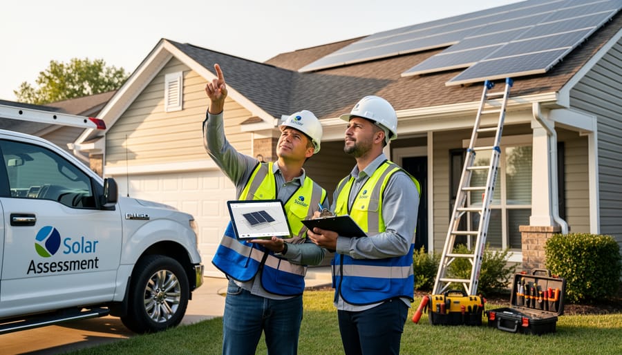 Solar professional inspecting residential roof condition during site assessment
