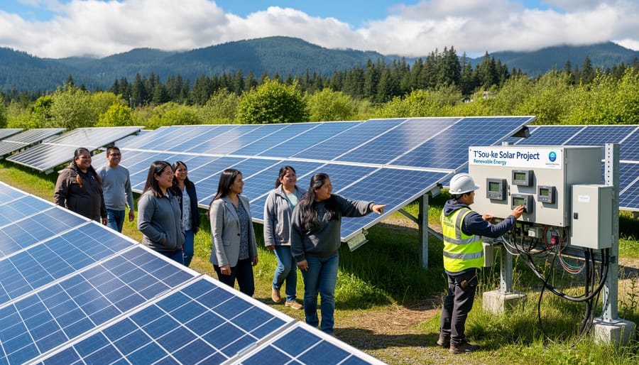 Indigenous community members examining solar panel installation in coastal British Columbia
