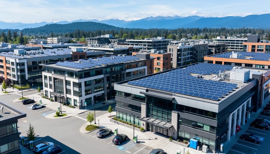Modern commercial office building with rooftop solar panel installation