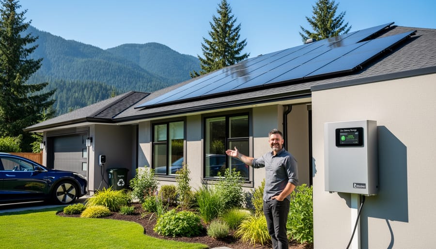 British Columbia family in front of their solar-equipped home with mountains in background
