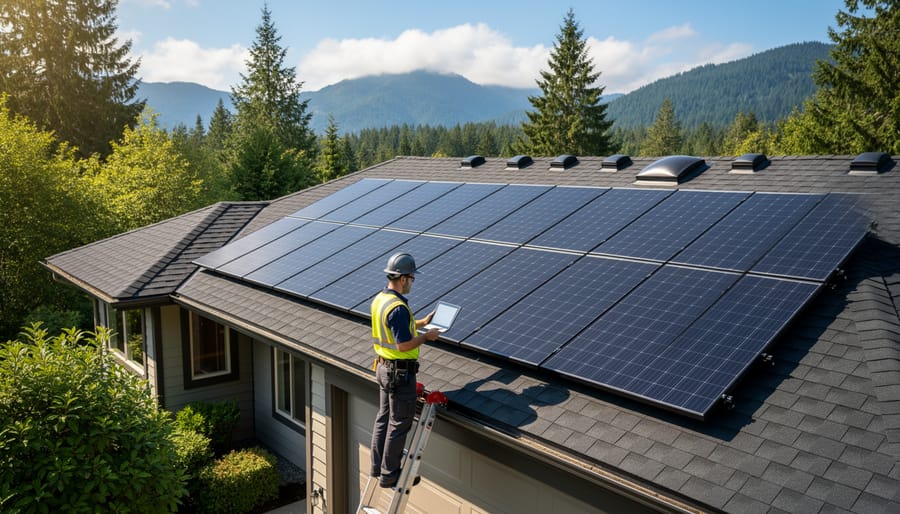 Modern BC home with solar panels installed on metal roof with mountain backdrop