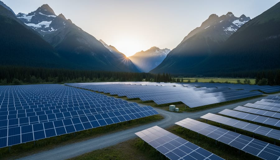 Solar panels on residential roof with coastal mountain range visible on horizon