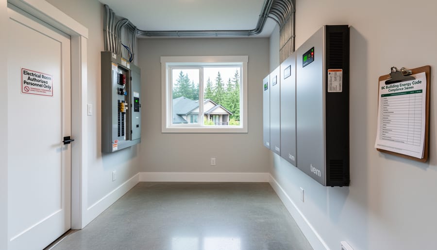 Modern solar battery storage unit professionally installed on exterior wall of BC home