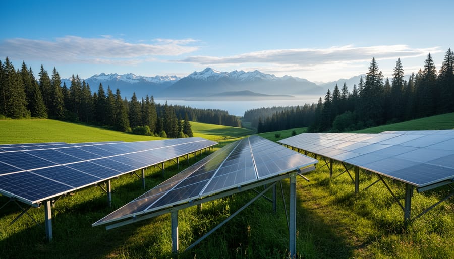 Solar panels on residential roof with British Columbia forest and mountains in background