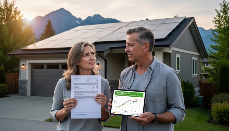 Solar panels installed on BC residential rooftop with mountains in background