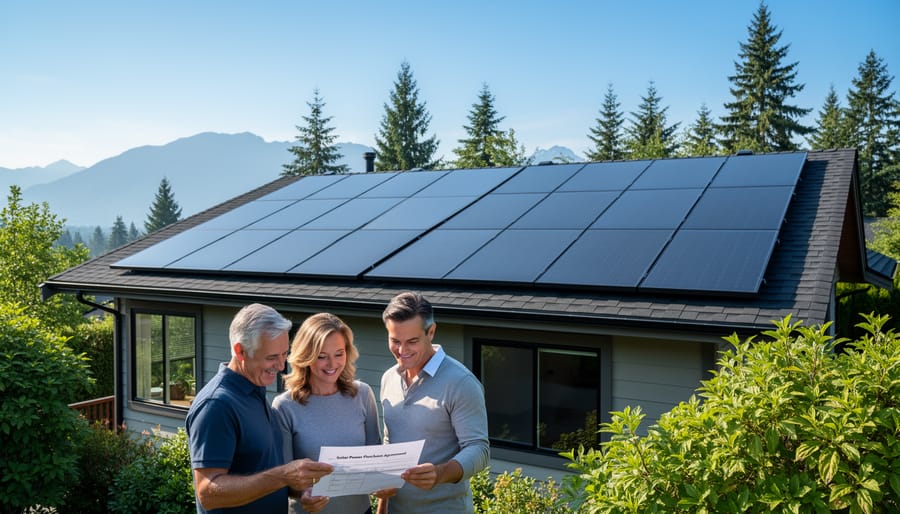 Solar panels installed on residential rooftop against blue sky