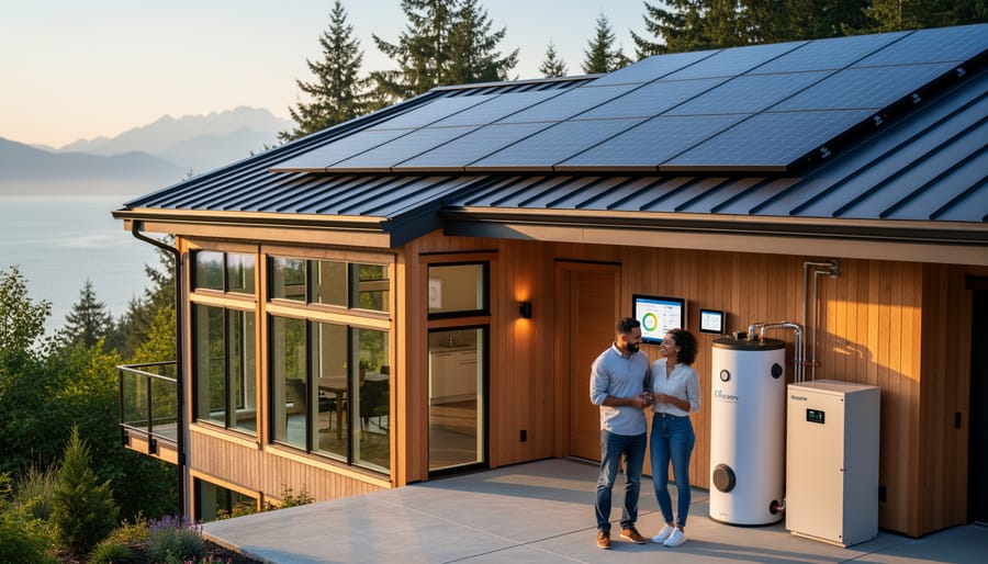 Aerial view of BC home with solar panels surrounded by evergreen forest