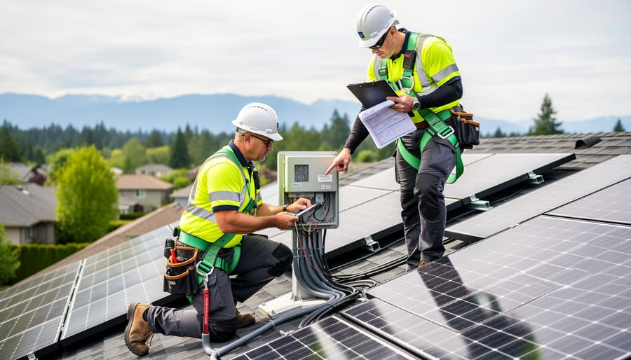 Inspector examining rooftop solar panel installation on British Columbia home
