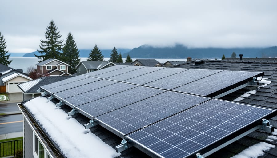 Solar panels on residential roof with snowy BC mountains in background during winter