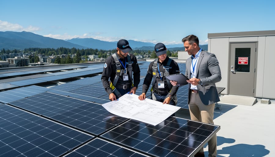 Business owner and certified solar installer at completed commercial solar installation