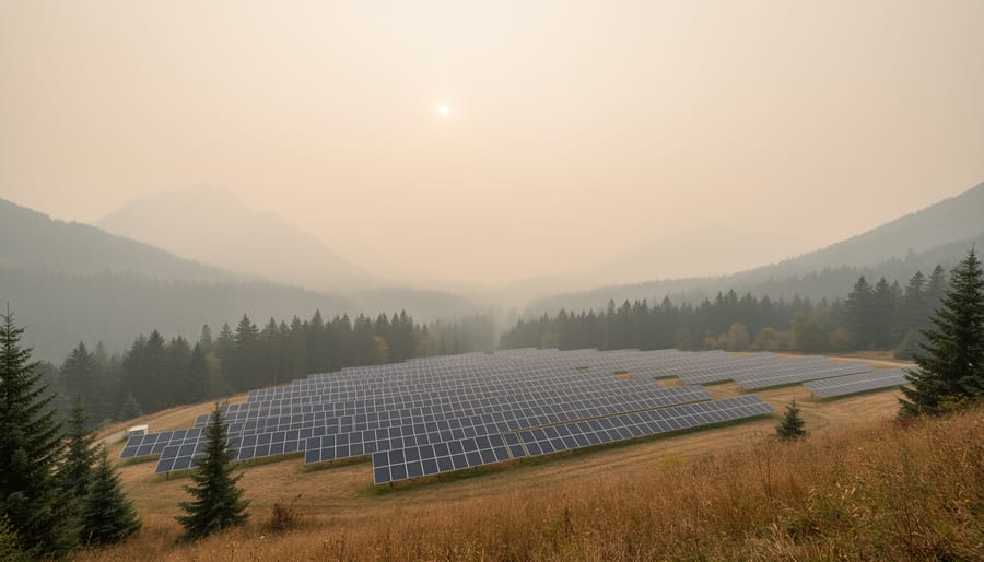 Smoke haze from wildfires obscuring forest landscape in British Columbia