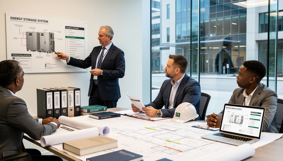 Building inspector reviewing solar panel installation on residential roof