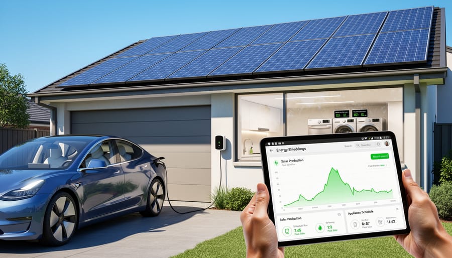 Family charging electric vehicle during daytime with solar panels on home roof
