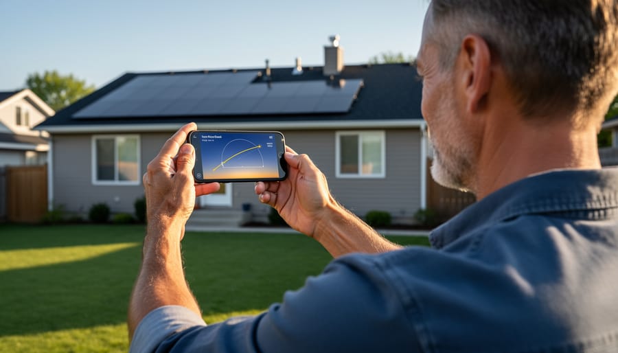 Homeowner using smartphone to check horizon shading from residential deck
