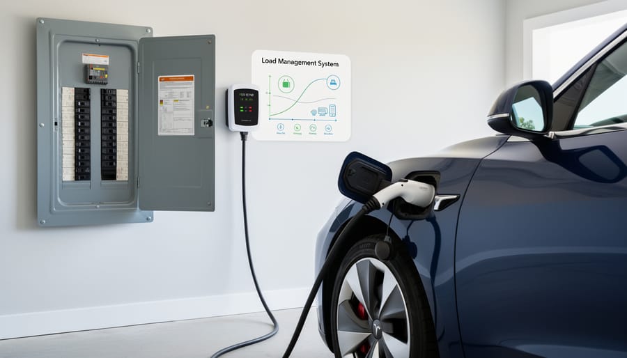Interior view of residential electrical panel showing circuit breakers and monitoring equipment