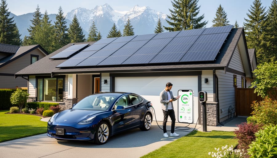 Electric vehicle and solar-powered home with BC mountains in background
