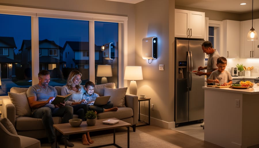 Family using kitchen appliances and lights powered by home battery backup system