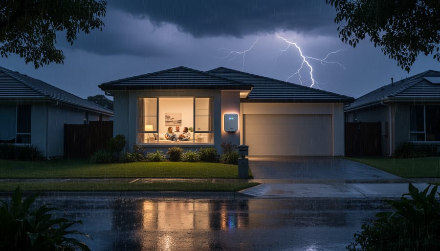 House with lights on during power outage while neighboring homes are dark