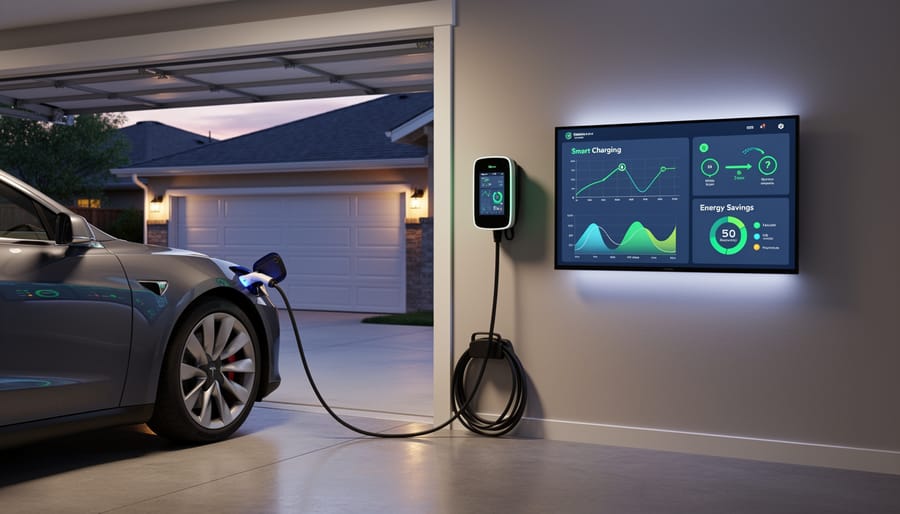 Close-up of smart EV charger connected to electric vehicle
