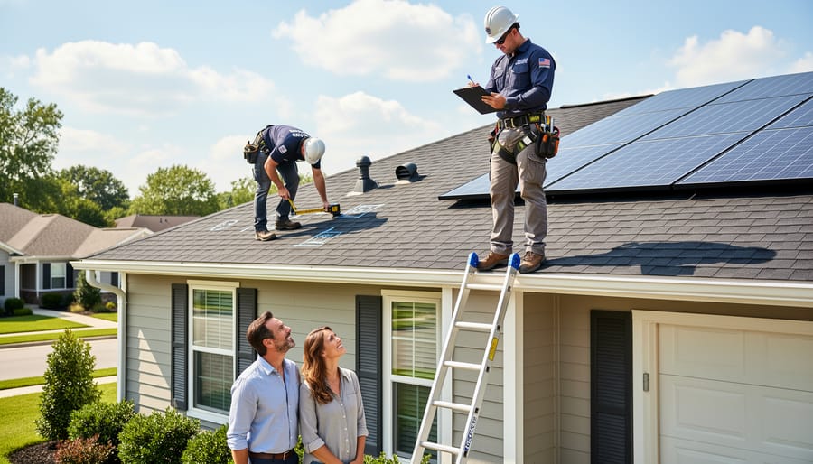 Solar installer conducting professional roof inspection with safety equipment