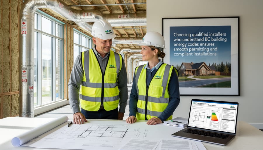 Solar installer consulting with homeowner about installation plans and building code requirements