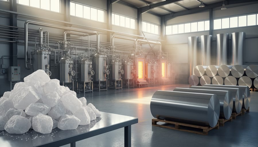 Hands holding raw quartz crystal and refined polysilicon showing material transformation