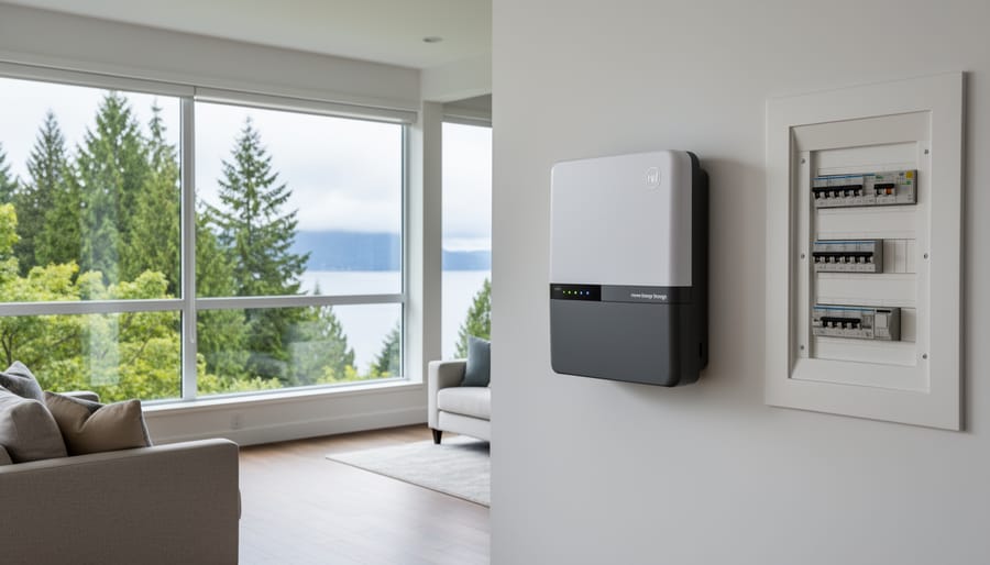 Tesla Powerwall-style battery backup unit mounted on residential garage wall