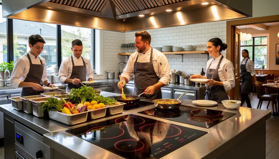 Chef preparing food on commercial induction cooktop in restaurant kitchen