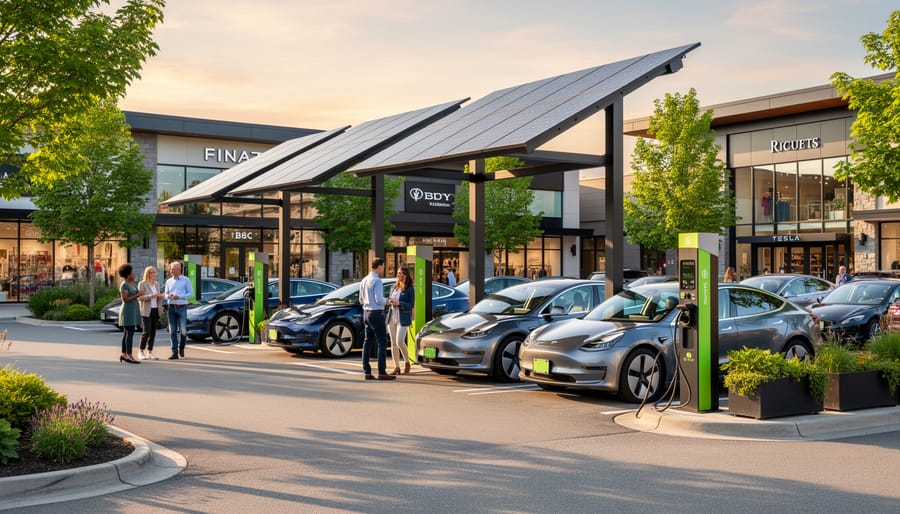 Solar canopy covering electric vehicle charging stations at commercial retail plaza