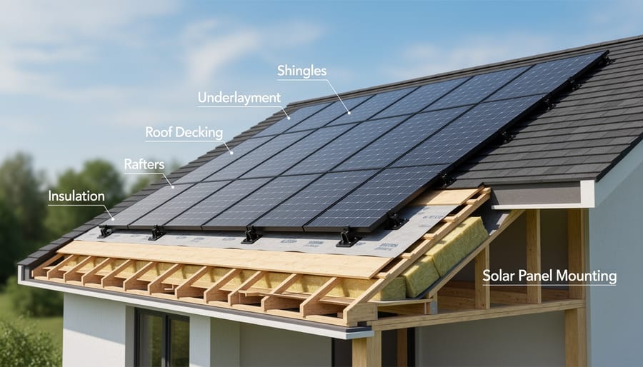 Cross-section view of residential roof showing rafters, decking, and shingle layers