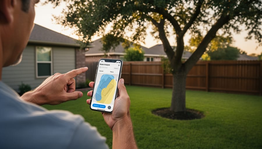Homeowner using smartphone to assess sun path and shade patterns near solar panel installation