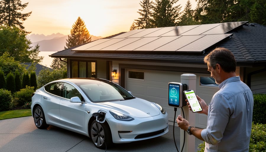 Electric vehicle charging at home with solar panels on roof