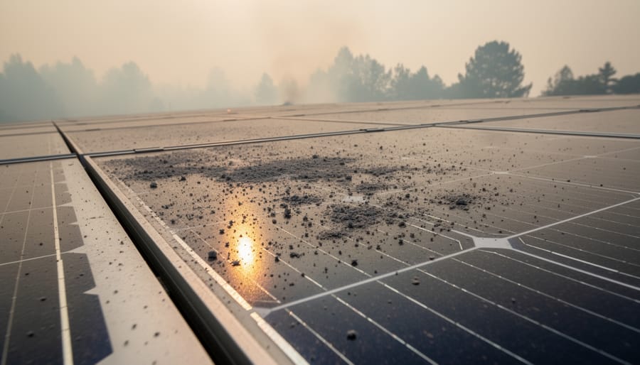 Solar panel surface with visible smoke residue and ash particles from wildfire smoke