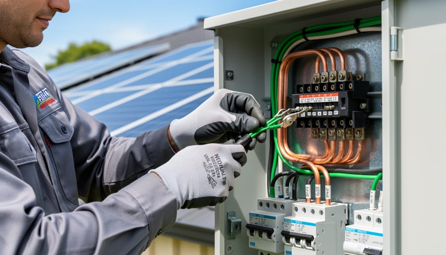 Electrician connecting grounding wire to solar panel mounting system