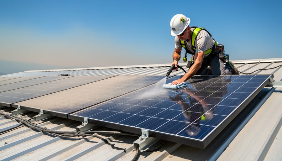 Homeowner performing maintenance cleaning on rooftop solar panels