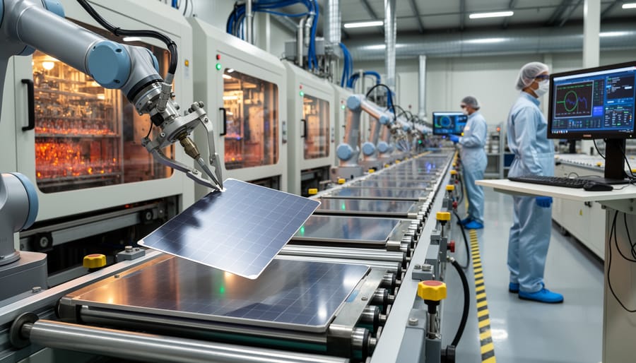 Automated solar panel manufacturing line with blue silicon photovoltaic cells in production