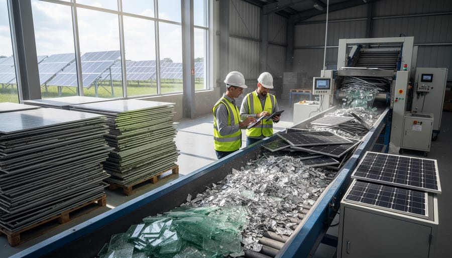 Worker sorting solar panel components for recycling including glass, aluminum, and silicon