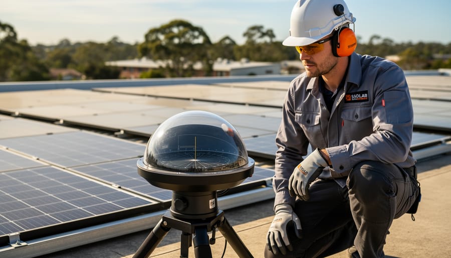 Solar installer using Solar Pathfinder horizon analysis tool with mountains in background