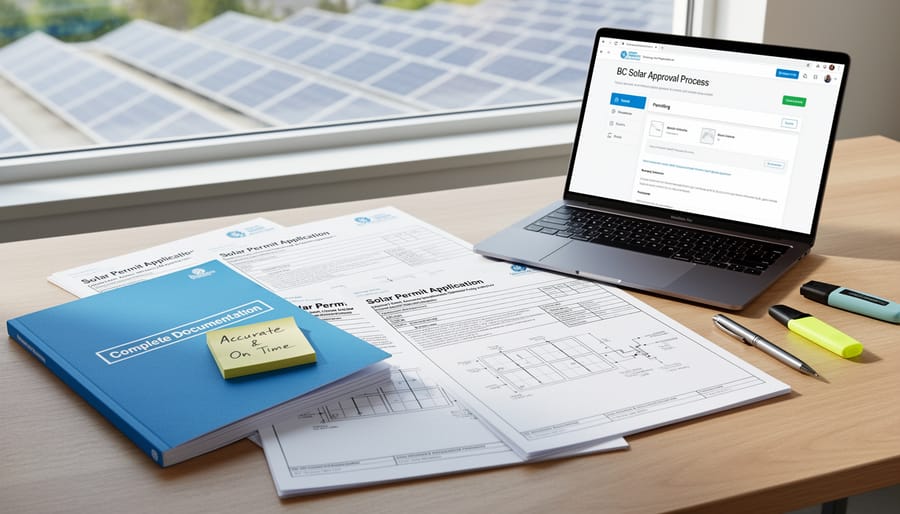 Solar installation permit documents and architectural drawings on desk