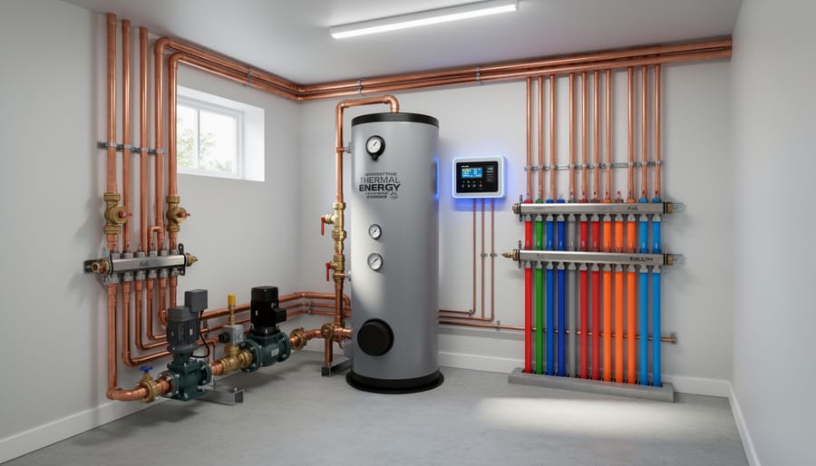 Stainless steel thermal storage tank with insulated pipes in basement mechanical room